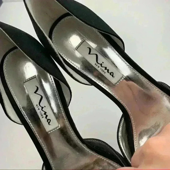 New Nina heels size 7 W 37 black satin gem peep toe formal mother of the bride - Picture 11 of 12